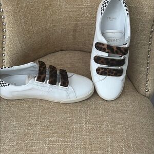 Celine White Leather Sneakers with Leopard Print Straps